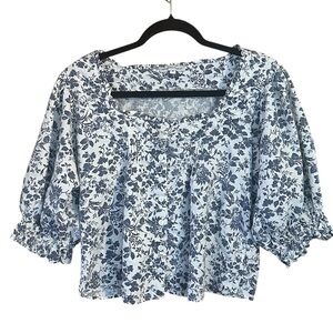 Cupcakes & Cashmere Blue Floral Linen Blend Cropped Blouse S Boxy Puff Sleeve